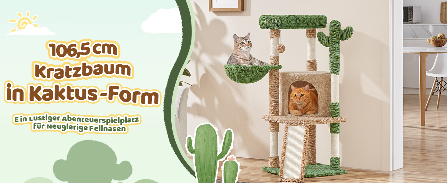 Дім-когтеточка для котів Yaheetech Kaktus: стабільна конструкція, оглядові платформи, печера, лежанка, сизаль, бежево-коричневий (коричнево-зелений, M)