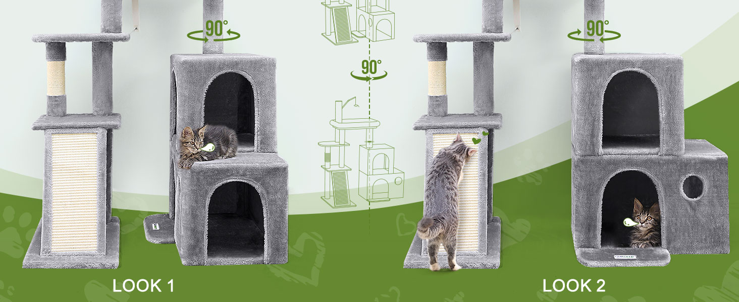 Дерево для котів Globlazer XL сірого кольору з 2 будиночками, платформами та когтеточками, для дорослих котів та кошенят