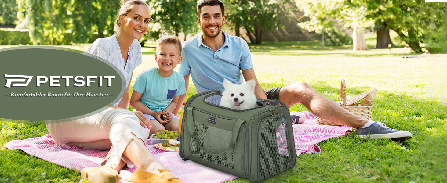 Транспортна переноска для котів та собак Petsfit, складана, 50L, оливковий, з м'яким килимком