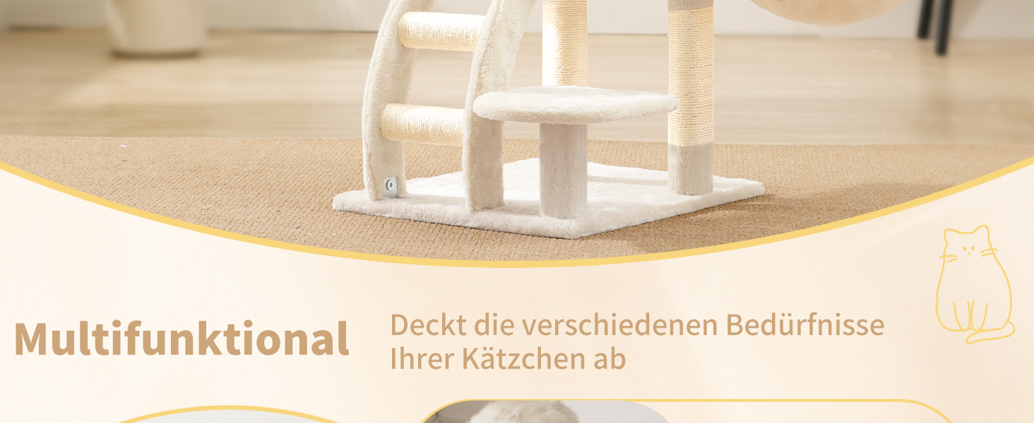 Кігтеточка для котів Heybly Kratzbaum 75 см з платформою, печерою, гамаком, драбиною та іграшками, бежева HCT009SM