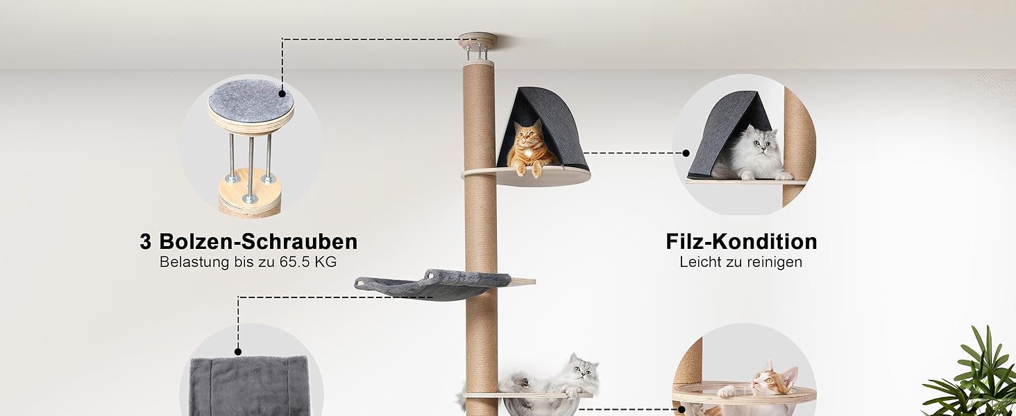 Дерев'яний кігтеточки FUKUMARU з 6 ярусами, сірий (280-300 см), для котів, з гамаком та капсулою