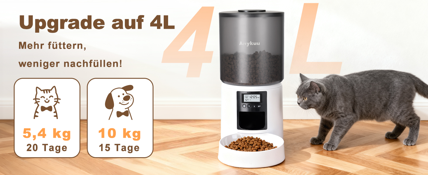 Автоматичний годівниця для котів та собак Anykuu 4L з таймером та контролем порцій. Автоматичний диспенсер для сухого корму з функцією запису (10с) для маленьких та середніх тварин, білий