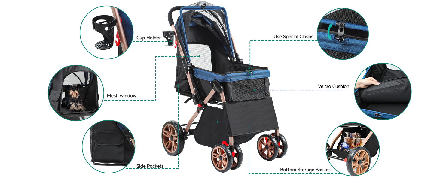 Візок для собак YITAHOME, блакитний, для маленьких собак, з обертовим ручками, сітковими вікнами та тримачем для напоїв