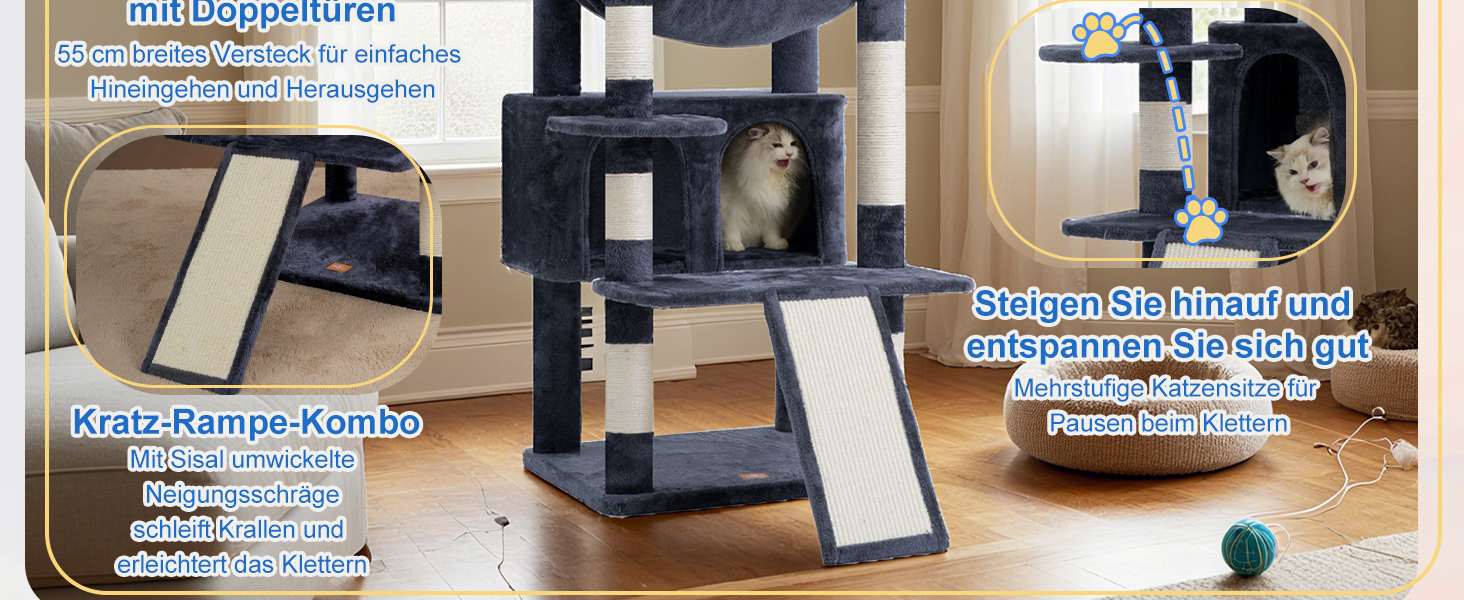 Драбина-будинок для котів Heybly HCT038W (Сірий) - 202 см з 2 платформами, будиночком, гамаком та сизалевим стовпом