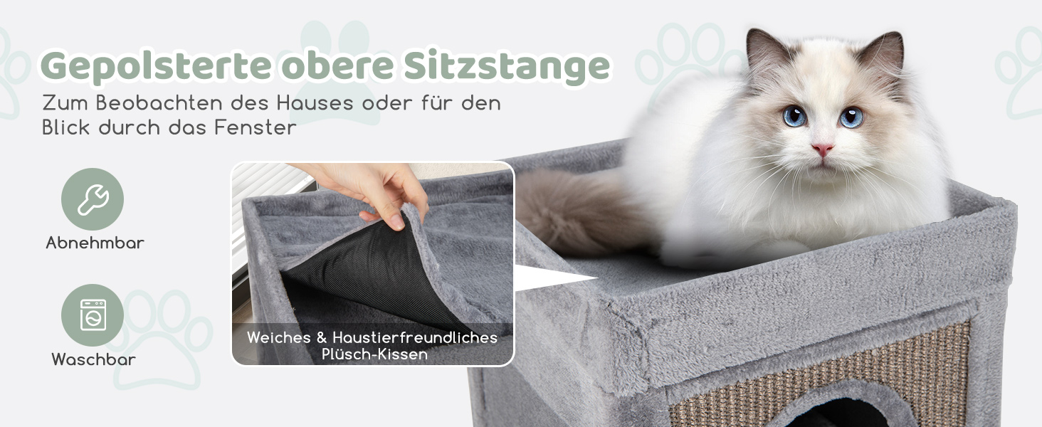 Кігтеточка GYMAX 40x40x99 см, 4-ярусна кігтеточка-будиночок з 3 печерами, знімні плюшеві подушки та 2 когтеточки, стійка кігтеточка для котів, сіра