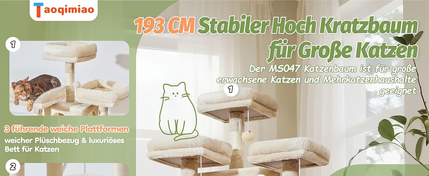 Дерев'яний комплекс для котів Taoqimiao 193 см, великий, з будиночками, лежаками, гачком та когтеточками (MS047G, сірий/бежевий)
