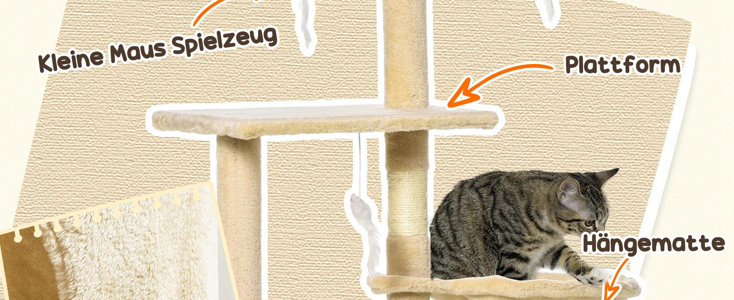 Кігтеточка PawHut для котів 134,2 см з будиночком, 2 іграшки, сизалова колона, велика платформа, сходи, багатоповерхова, для середніх котів, сірий+білий (бежевий+білий)