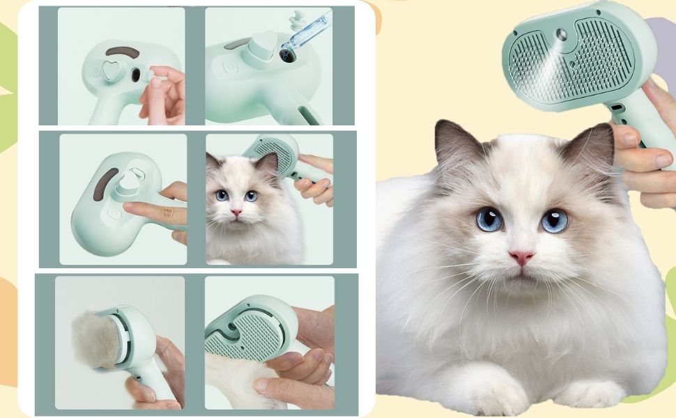 3-в-1 щітка для грумінгу тварин з парою та спреєм, для котів та інших домашніх улюбленців, видаляє відмерле волосся, самоочищення, вирівнювання (зелена)