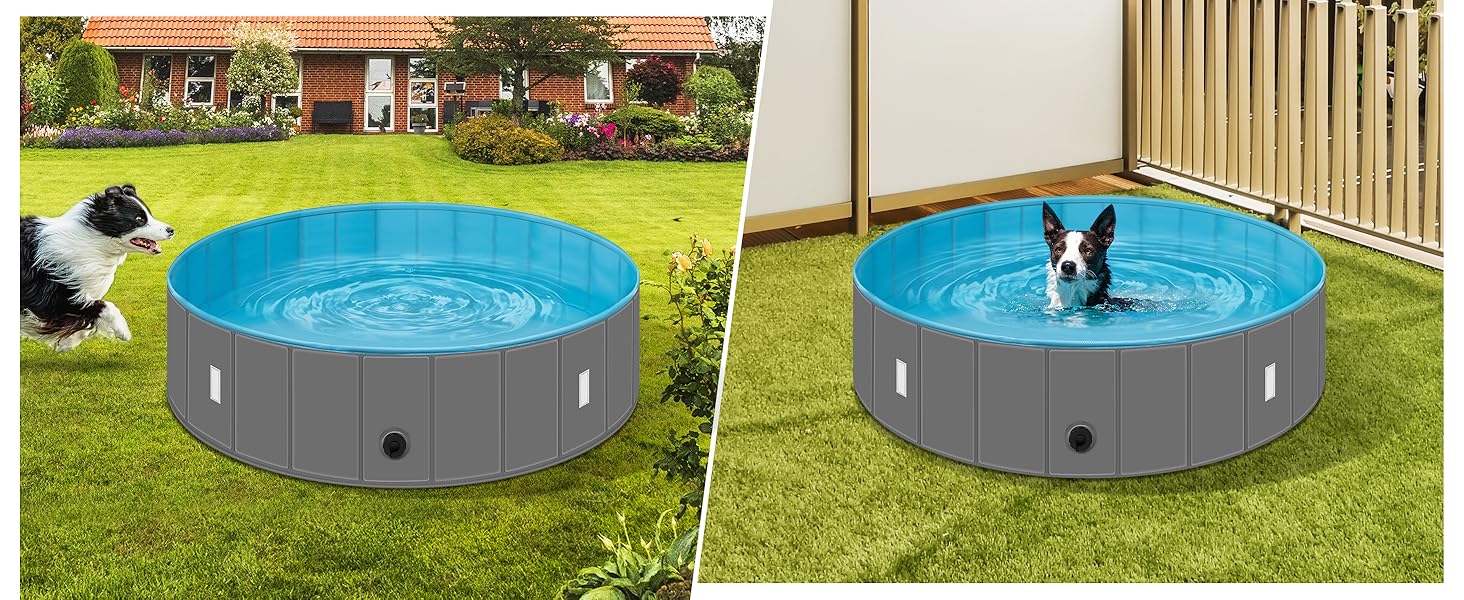 Складний басейн для собак EUGAD 120x30 см, з кришкою, нековзкий, для середніх порід, ПВХ, синьо-сірий