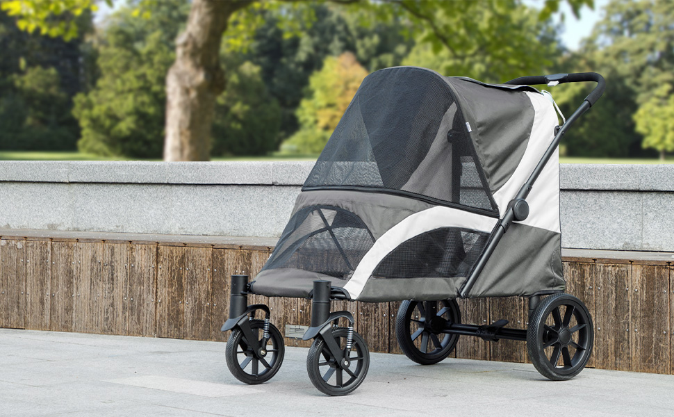 Візок для собак та котів PawHut - розкладний, до 30 кг, з подушкою, сіткою, гальмівною системою та гамаком. Колір: темно-сірий