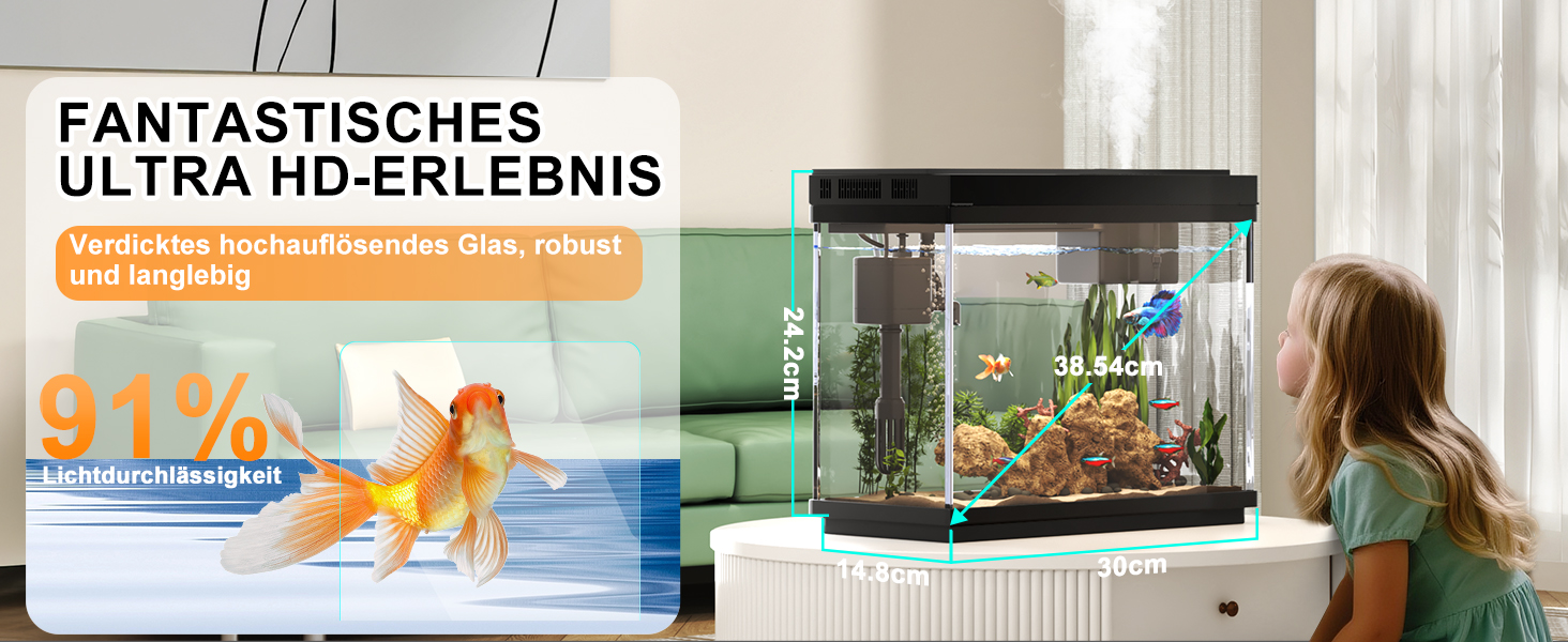 Акваріум Vehipa Nano 9L з інтелектуальним зволожувачем повітря, індикатором температури, склом UHD, 7-кольоровим підсвічуванням, 3-в-1 насосом з фільтрацією, подачею кисню та циркуляцією, чорний