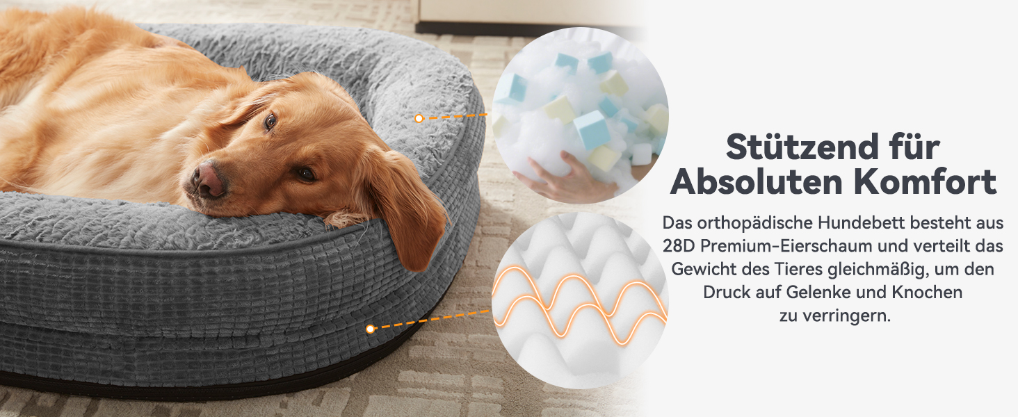 Ортопедичне ліжко для собак великих та середніх порід, XL, з м'якою подушкою для шиї, Memory Foam, вологостійке, неслизьке, знімний кошик, сірий, 107 x 81 x 19 см