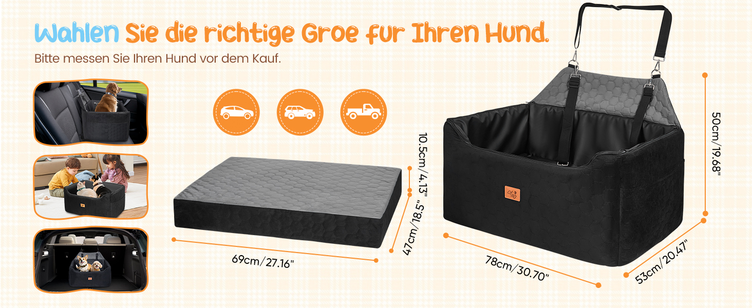 Автомобільний лежак для собак середніх та великих порід 78x55x53 см, знімний, миючий, з поводом, водонепроникний чохол, для великих собак