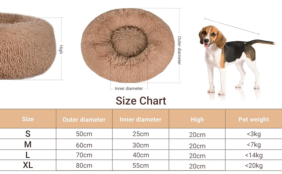 Кругле ліжко для собак та котів Donut, 50 см, бежеве/коричневе. М'яке, ортопедичне, з антиковзною основою, для заспокоєння та комфортного сну.