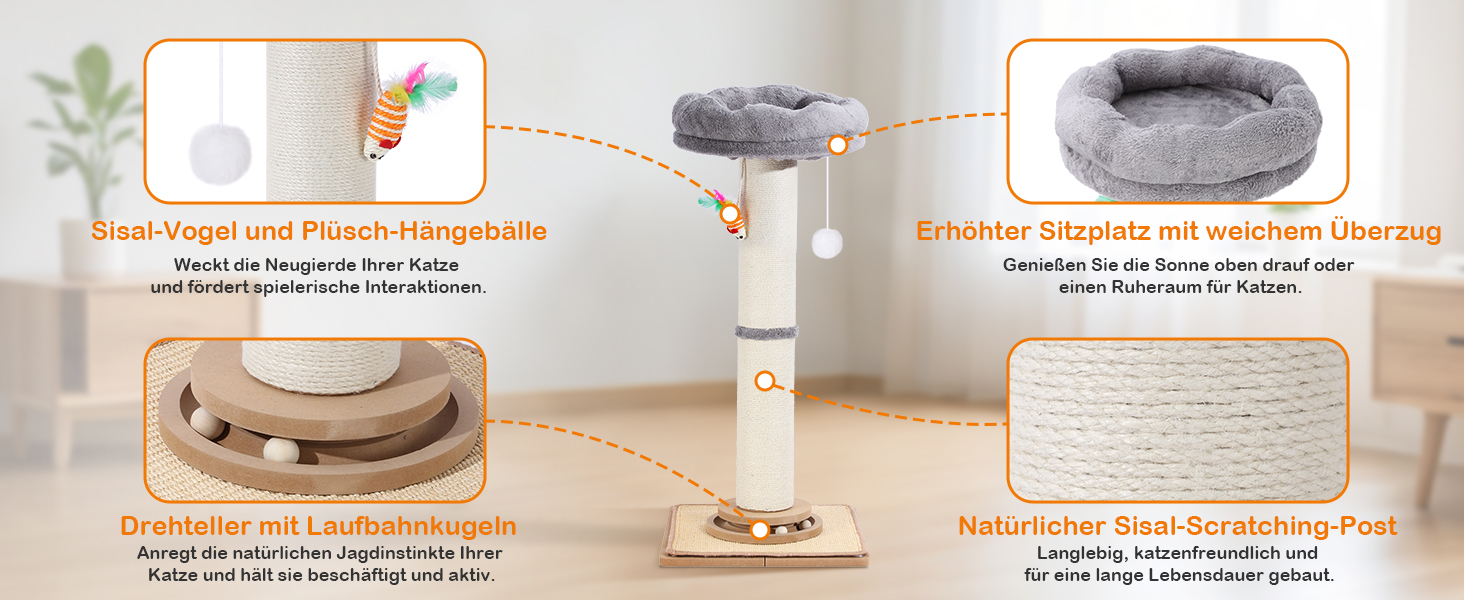 Дряпак для котів Trhillsbrad 81 см з м'ячиком та іграшками, з сизалю