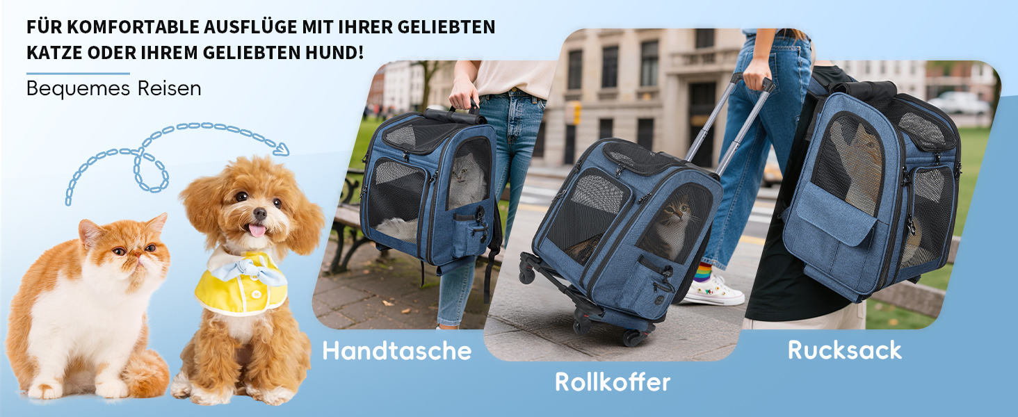 OUUTMEE Сумка-переноска для тварин, знімний чохол на колесах, ідеальна для котів та маленьких собак, багатофункціональний рюкзак, сумка-рюкзак 4-в-1, дихаюча (блакитна)
