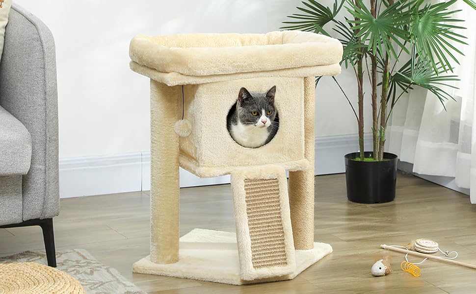 Дерев'яний котячий комплекс PawHut 57 см з будиночком, лежанкою та когтеточкою, іграшкою, для котів до 5 кг, бежевий