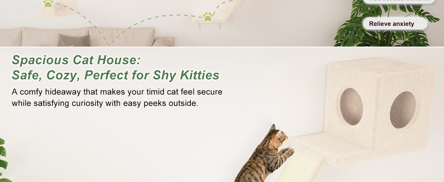 Комплекс для котів BYBYME з гамаком, ліжком та високими полицями для кількох котів, плюшевий лежак, когтеточка та стовпчики з сизалю, 6 шт., міцні меблі для лазіння (бежевий, 5 шт. з довгою перемичкою)