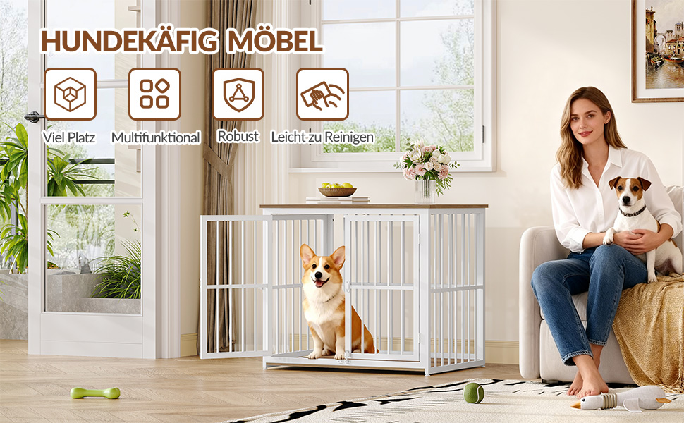 Будиночок для собак 100 см, дерев'яна клітка для дому з 3 дверцями (100x60x70 см), вінтажний коричнево-білий, для середніх та великих порід