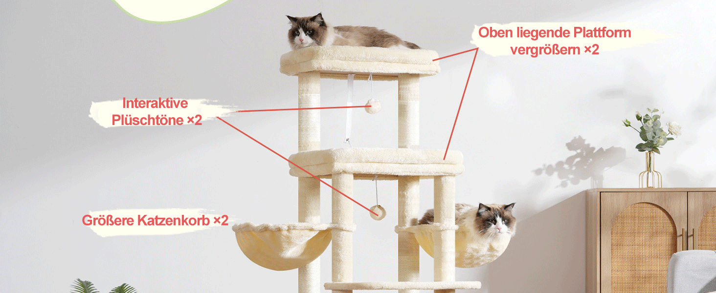 Котячий будиночок Hey-brother Kratzbaum для великих котів та Мейн-кунів, багатоярусний, з 2 платформами, 2 будиночками, великою печерею та щіткою, EMPJ070W (Бежевий)