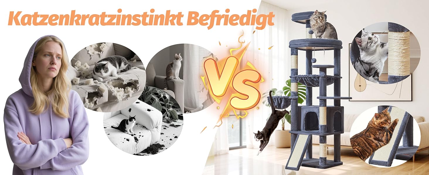 Котячий комплекс Taoqimiao 183 см XXL з будиночком, гамаком, когтеточками та великою платформою (темно-сірий)