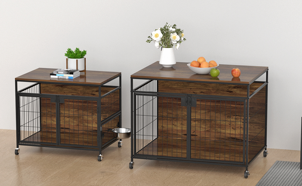 Клітка для собак великих порід VyGrow з дерева, з подвійними дверцятами, столик-підставка, поворотні колеса, 99,9 x 71,1 x 80,1 см