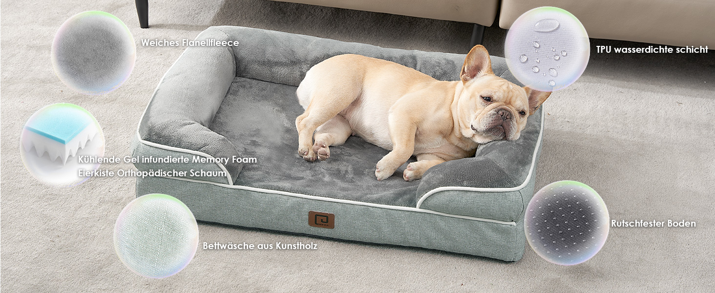 Ортопедичне ліжко для собак EHEYCIGA, великі породи, 112x81 см, кошик для собак з Memory Foam, XL, водовідштовхувальне, неслизьке, з високим бортиком, сіро-зелене
