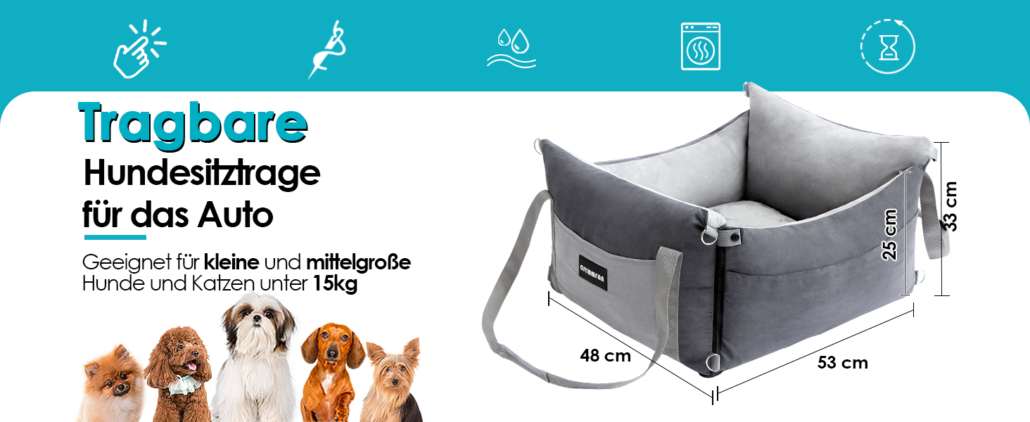 Автомобільний лежак для собак маленьких та середніх порід (до 15 кг), з висувним лежаком, знімний та миючий, з кишенями та ременем безпеки, зелений. Лежак для собак у машину (сірий).