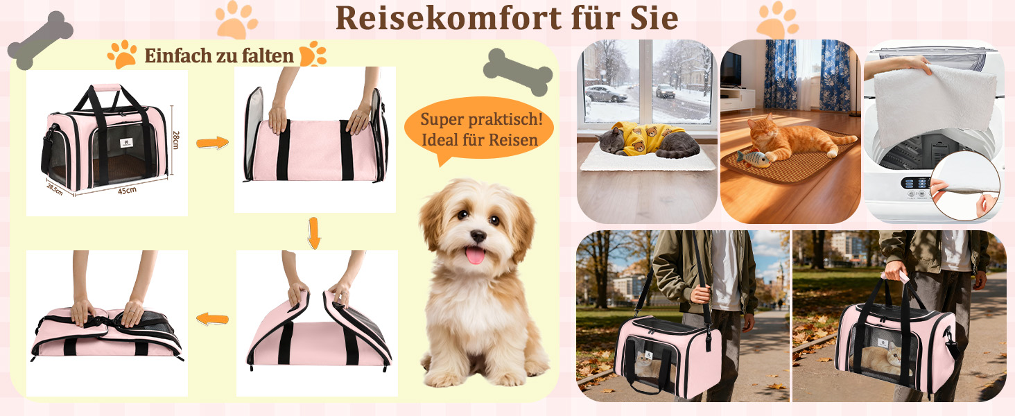 Транспортна сумка для котів та маленьких собак – складана, добре вентильована переноска. Сумка для котів з водонепроникним вкладишем для безпечного транспортування до ветеринара, у подорожах та в авто (Рожева)