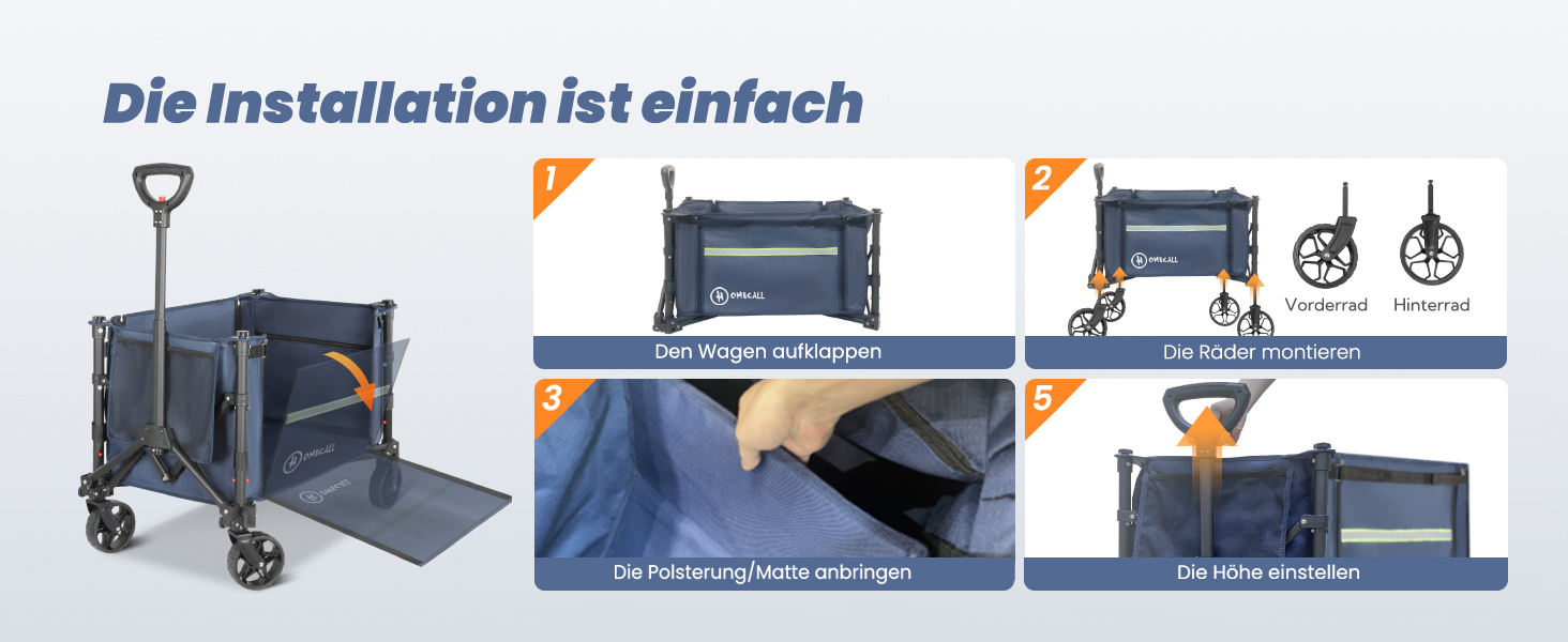 Складаний вагончик Homecall для відпочинку, покупок та транспортування (100 кг, Navy Blue)