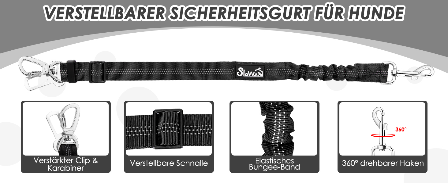 Поясний ремінь безпеки для собак SlowTon (2 шт.) - автолеєрка з регулюванням, еластичний амортизатор, міцний нейлон, світловідбиваючий