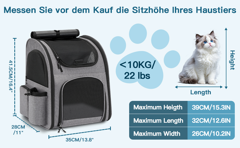 Рюкзак для тварин до 10 кг з сіткою, дихаючий, з лінійкою безпеки та килимком - сірий