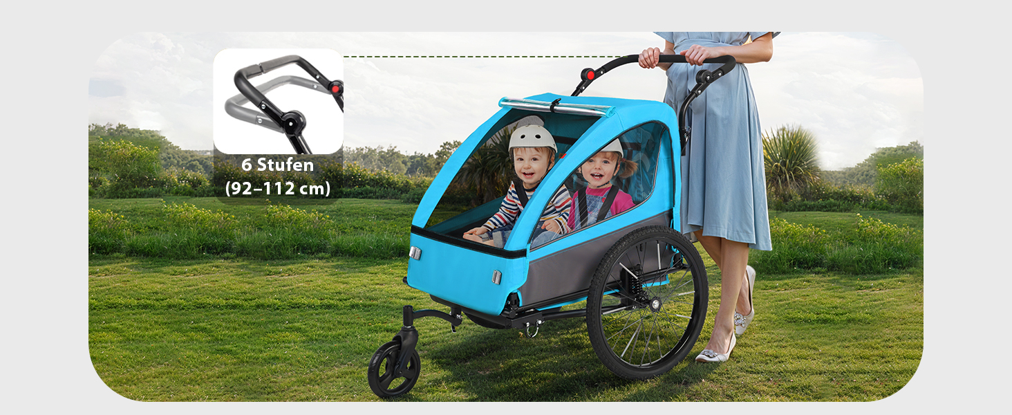 Дитячий велопричіп 2в1 Kinderkraft з функцією візка та бігуна, амортизація, регульована ручка та гальма, для 1-2 дітей до 40 кг (Блакитний)