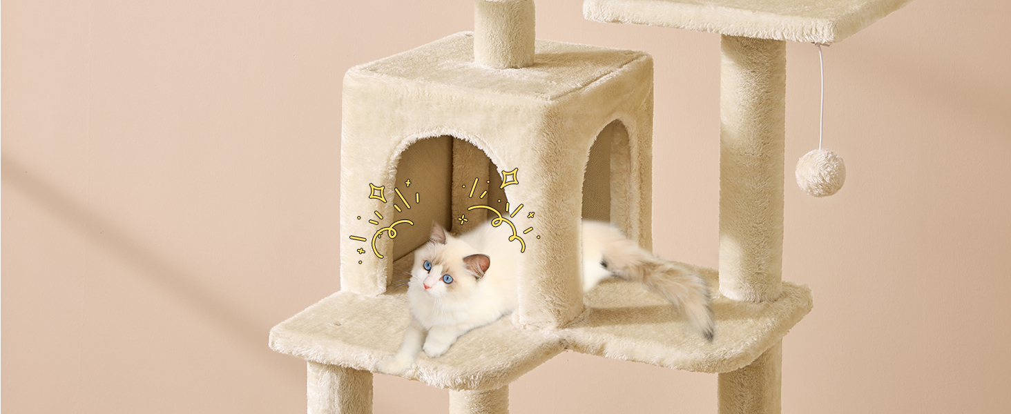 Кігтеточка для котів MSmask велика, багатоярусна, з гамаком та будиночками (150 см, бежева)