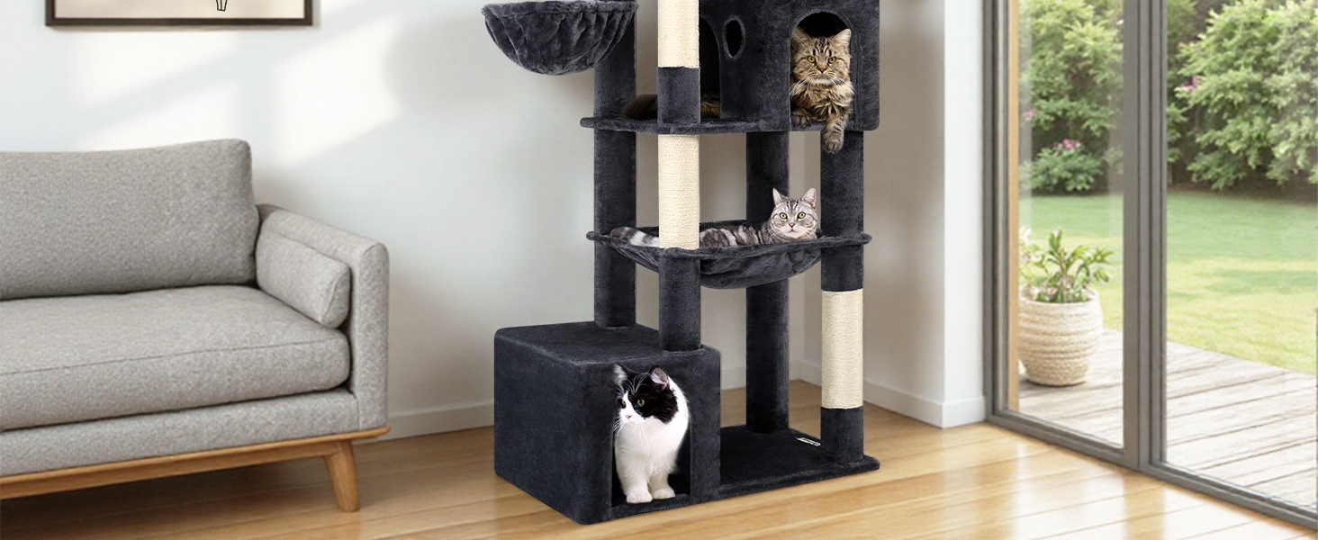 Драбина для котів Globlazer 193 см з будиночком, гамаком, великою платформою та іграшками. Стабільна для 3-5 котів (XXL, темно-сірий)