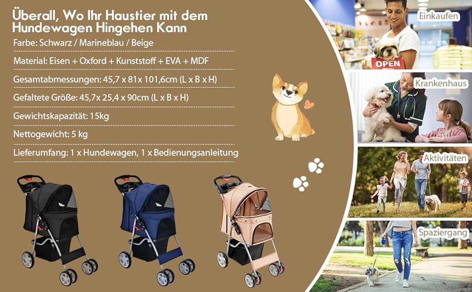 Візок для собак та котів COSTWAY, до 15 кг, з сітчастими віконцями, тримачем для напоїв, кошиком та сонцезахистом, складний, бежевий