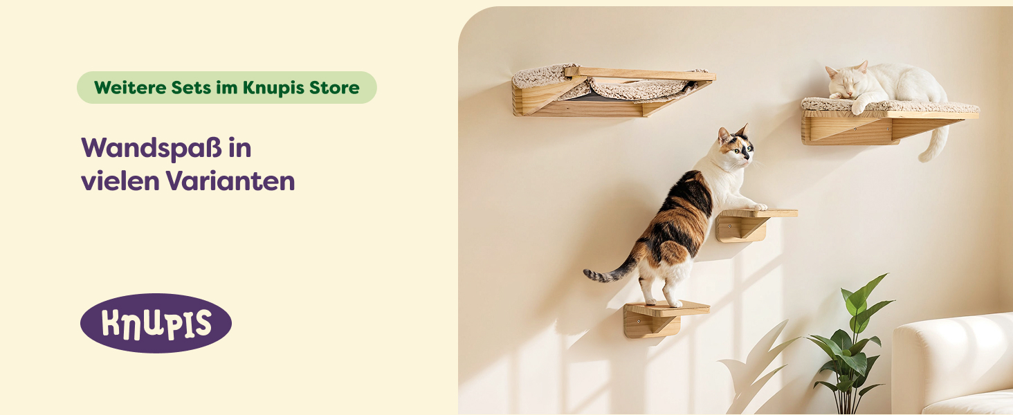 Комплект для котячого комплексу Knupis: Кліматична стіна з ліжком та 2 сходинками – Масивна деревина FSC® з сосни, стійка платформа до 30 кг – Для ігор та відпочинку - Бежевий