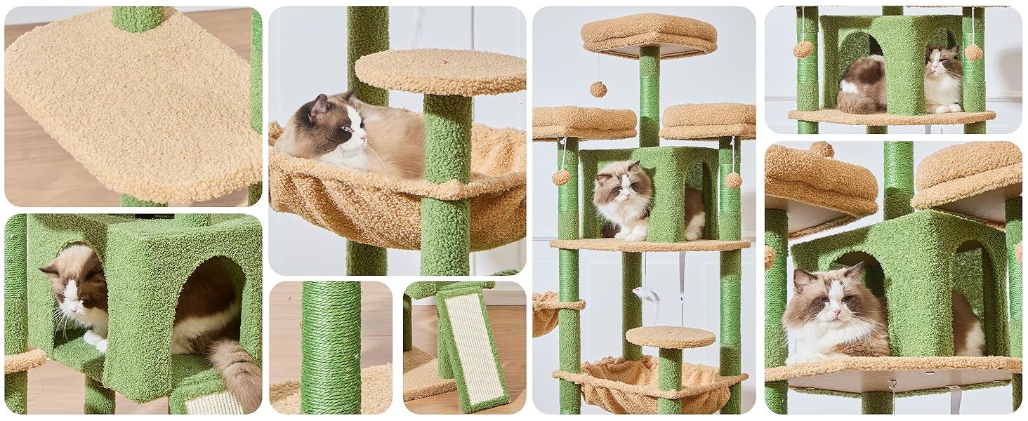 Кігтеточка для котів Taoqimiao 193 см, велика, XXL, з будиночками, гамаком, кошиком та 7 стовпчиками для заточування кігтів, сірий/зелений (MS047G)