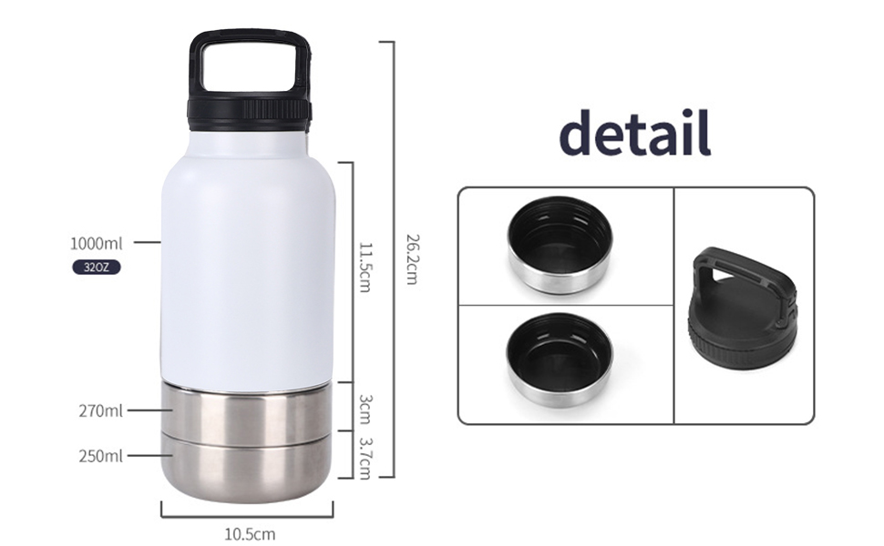 Портативна пляшка для собак з мисками для води та корму, 3-в-1, ізольована сталева пляшка для подорожей, прогулянок, походів (чорна)