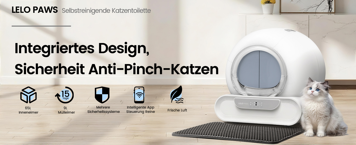 Автоматичний лоток для котів LELO PAWS, 65л, самоочищення, з контролем запаху, керування через APP, електричний, XXL, для кількох котів, білий