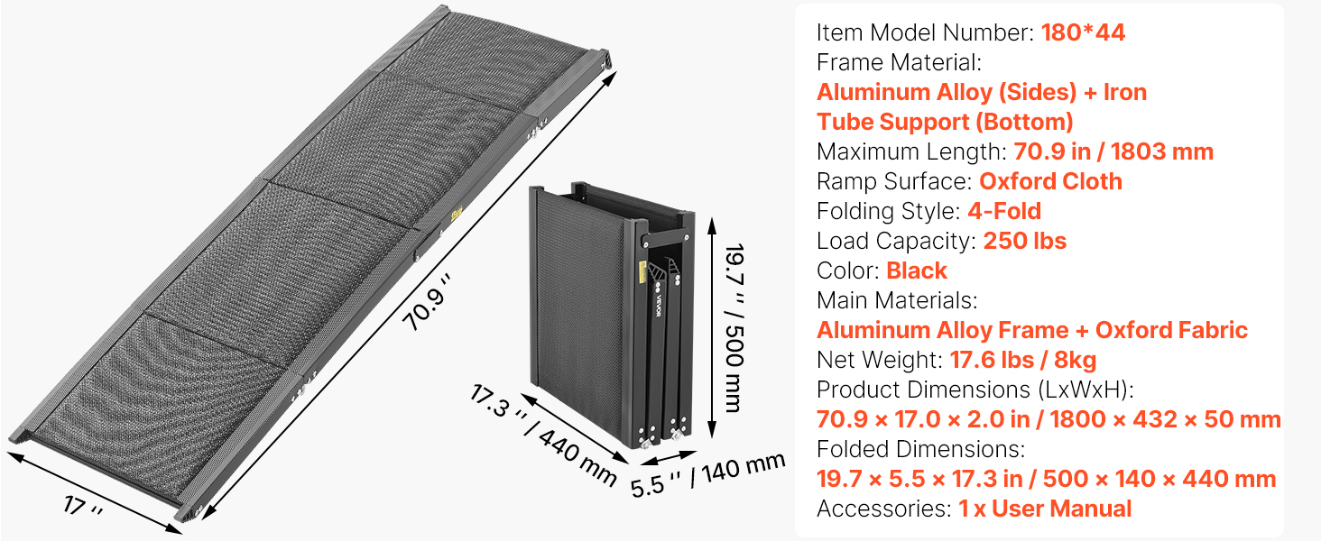 Східці для собак VEVOR, 180 x 43,2 см, розкладні, для середніх та великих собак до 113 кг, з антиковзкою поверхнею Oxford, портативні для SUV та вантажівок