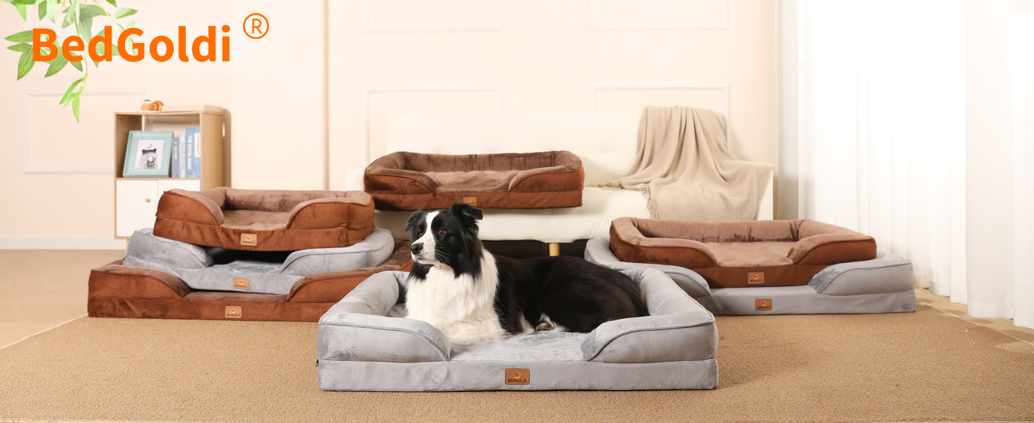 Ортопедичне ліжко для собак великих порід, ергономічне диван-лежанка з піною у формі подушки, водовідштовхуваче ліжко з неслизьким покриттям, 89x63 см, світло-сірий, коричневий, розмір 89 x 63 x 17 см