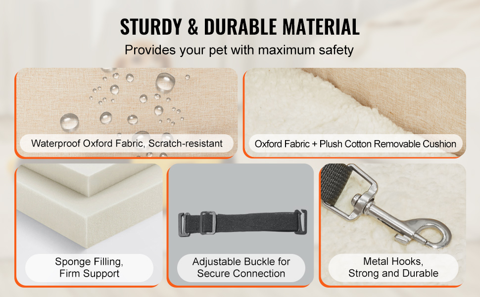 Автомобільне ліжко для собак VEVOR, водовідштовхувальне, з ручками та кишенею, безпечний поводок, наповнювач PP-бавовна (Світло-коричневе, Extra Small)