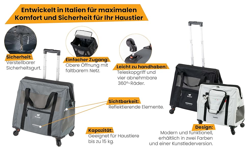 Транспортна переноска для собак та котів Ferplast Voyager Trolley, біла, з висувним ручками та колесами, до 15 кг, 46 x 26 x 48 см