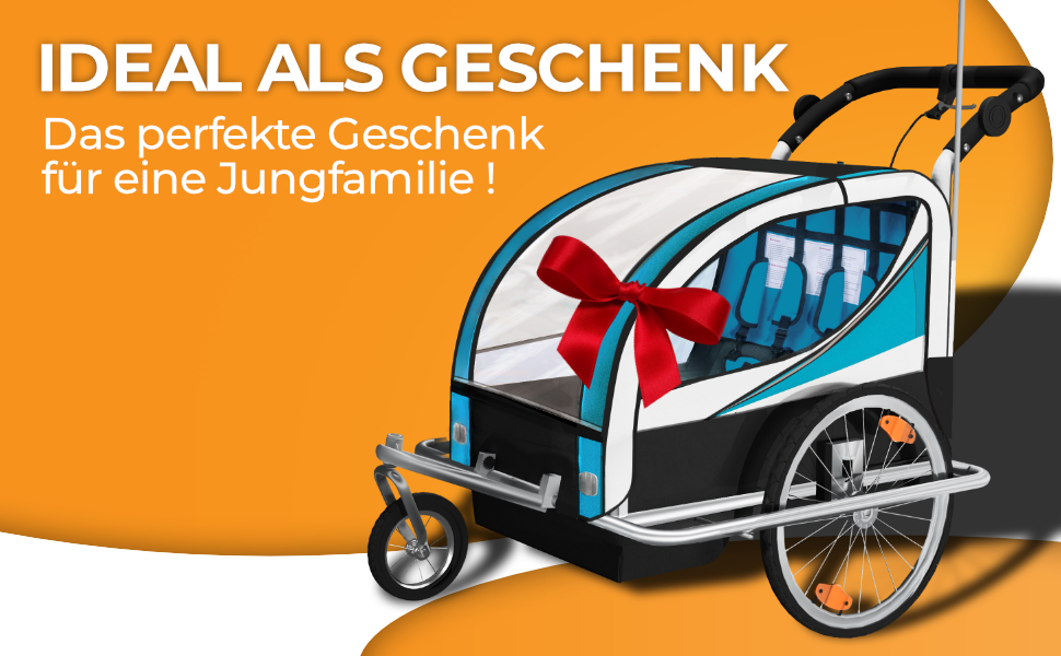 SAMAX Fahrradanhänger Jogger 2in1: Дитячий велопричіп-коляска 2в1 для 2 дітей, повне зчеплення, поворот на 360° (Блакитний - Срібляста рама)