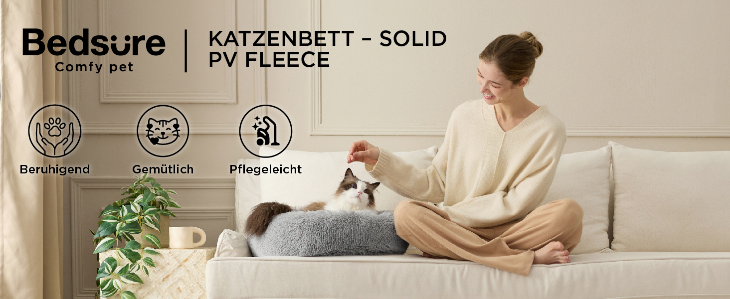 Кругле ліжко для котів BEDSURE Ø 60 см, м'яке, плюшеве, для котів та маленьких собак, 60x60x14 см