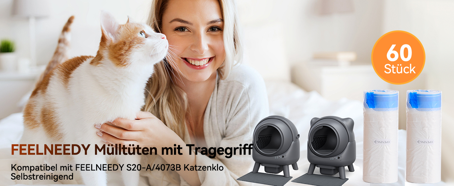 60 мішків для сміття з ручкою для котячого туалету, самоочищувані, міцні, водонепроникні, для котів/собак