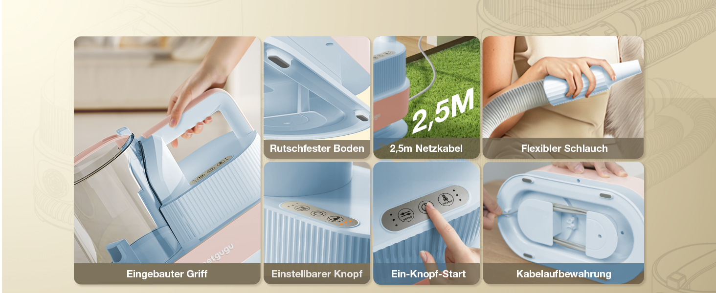 Набір для догляду за тваринами 7-в-1: Шерстьомашина, пилосос для шерсті та фен для собак та котів. Потужність 11000Pa, об'єм контейнера 2.5L, 3 режими потужності та температури. Тиха робота. Колір: блакитний.