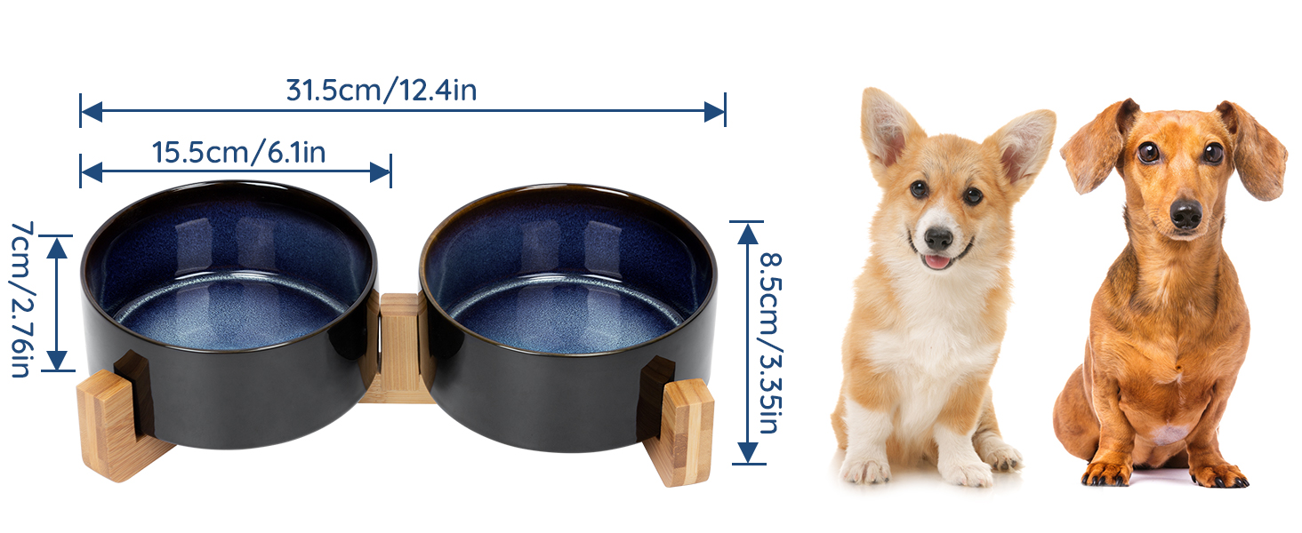Набір мисок для собак та котів SPUNKYJUNKY з кераміки, 2 шт., 400 мл, блакитний, з підставкою з бамбука