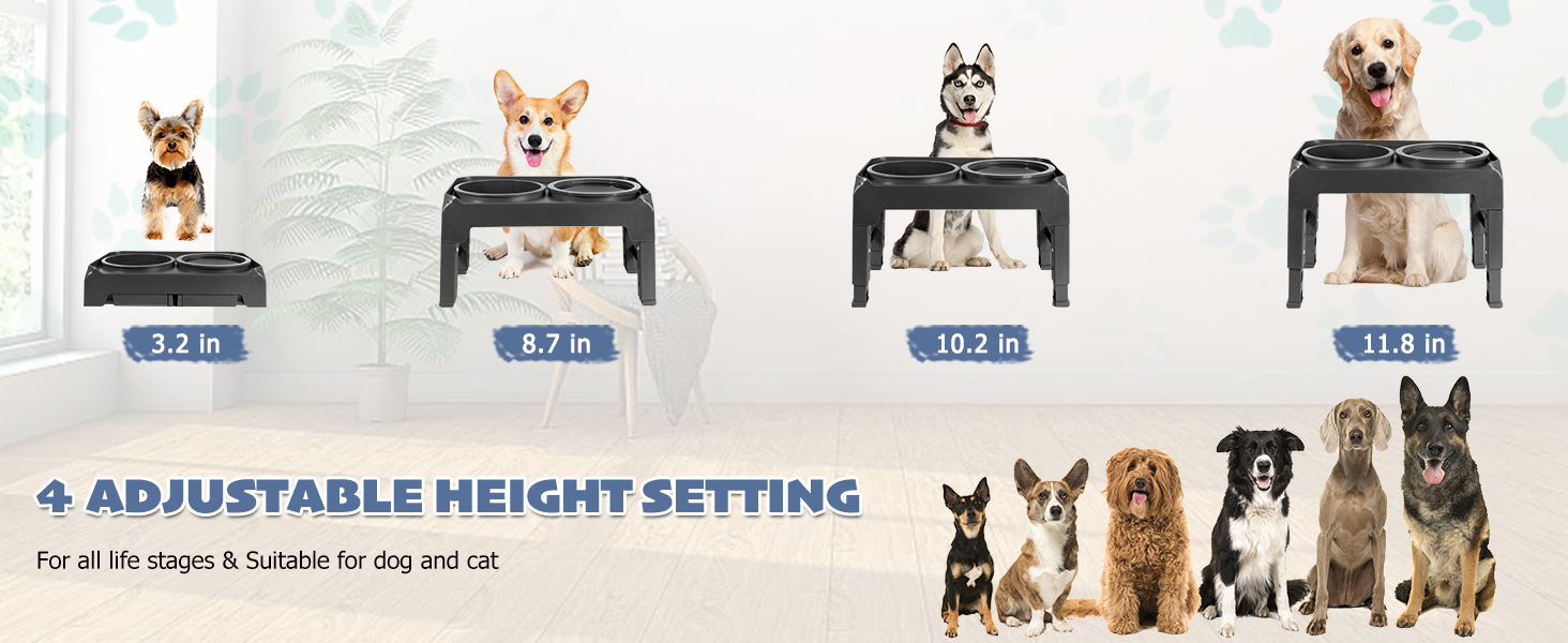 Підвищений годівниця для собак, регульована висота, повільний годівник та миска для води без обливання, набір, миска для корму для собак, миска для води для великих, середніх та маленьких собак, котів та домашніх тварин, чорний